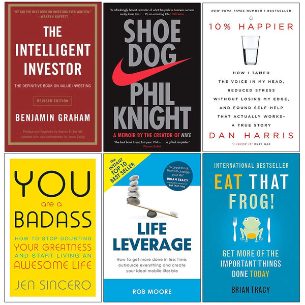 Intelligent Investor, Shoe Dog, 10% Happier, You Are a Badass, Life Leverage, Eat That Frog 6 Books Collection Set