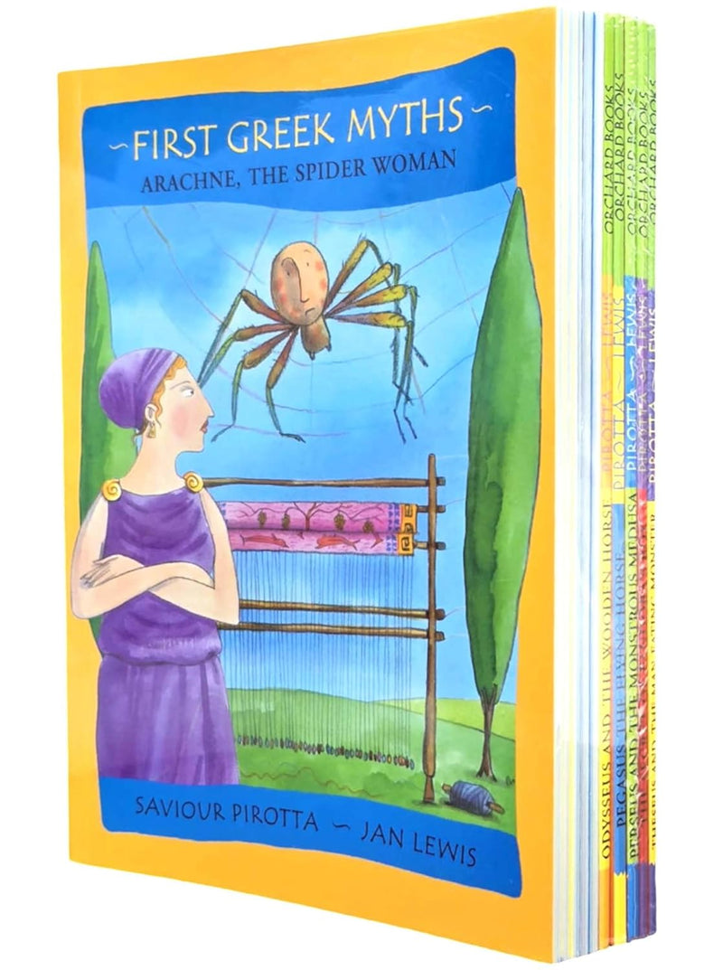 ["9781408374566", "Ancient Greece", "Arachne The Spider Woman", "Arion The Dolphin Boy", "children books", "childrens books", "Childrens Books (5-7)", "Childrens Books (7-11)", "folk myths fairy tales", "Greek Myths", "Icarus The Boy Who Could Fly", "Jan Lewis", "Jason and The Golden Fleece", "King Midas's Goldfingers", "myths", "Myths for Children", "Odysseus and The Wooden Horse", "Pegasus The Flying Horse", "Perseus and The Monstrous Medusa", "Saviour Pirotta", "The Secret Of Pandora's Box", "Theseus and The Man-Eating Monster"]