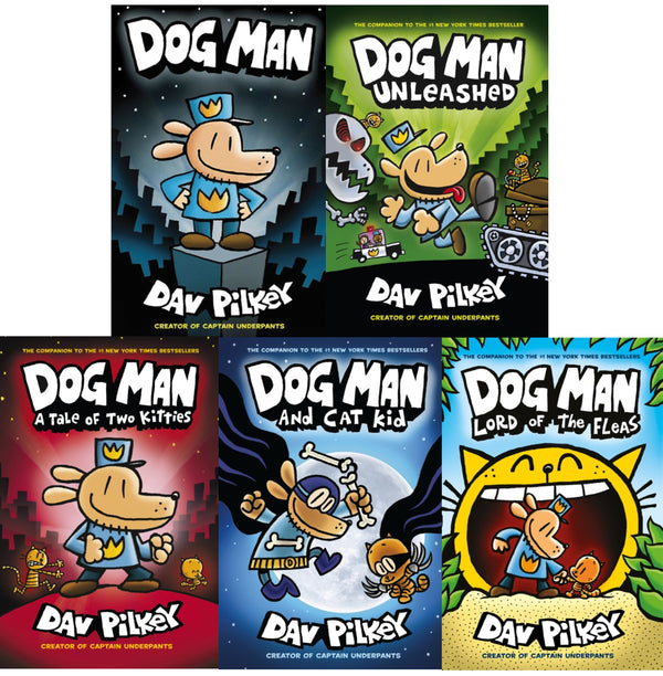 Dog Man Series 1-5 Books Collection Set By Dav Pilkey (Dog Man, Unleashed, A Tale of Two Kitties, Dog Man and Cat Kid, Lord of the Fleas)